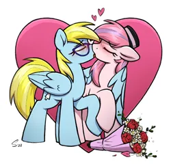 Size: 3372x3243 | Tagged: safe, artist:selenophile, derpibooru import, oc, oc:cloud cuddler, oc:sweet haze, unofficial characters only, earth pony, pegasus, pony, blushing, eyes closed, female, femboy, flower, glasses, hat, heart, hearts and hooves day, holiday, hoof hold, image, kiss on the lips, kissing, male, mare, png, simple background, stallion, straight, valentine's day, white background