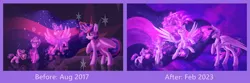 Size: 4000x1330 | Tagged: safe, artist:shad0w-galaxy, derpibooru import, princess twilight 2.0, twilight sparkle, twilight sparkle (alicorn), alicorn, pony, unicorn, the last problem, age progression, before and after, book, chest fluff, comparison, draw this again, ear fluff, ethereal mane, female, fluffy, force field, high res, hooves, image, magic, mare, multeity, older, older twilight, png, redraw, reflection, solo, starry mane, unicorn twilight, unshorn fetlocks, watermark
