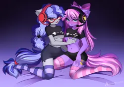 Size: 2604x1842 | Tagged: suggestive, alternate version, artist:airiniblock, derpibooru import, oc, oc:cinnabyte, oc:lillybit, unofficial characters only, anthro, earth pony, anthro oc, belly button, bow, cinnabetes, clothes, cute, female, glasses, half shirt, headset, image, lesbian, png, socks