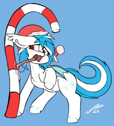 Size: 1322x1465 | Tagged: safe, artist:sleepy ray, derpibooru import, oc, oc:snow, bat pony, pony, bat pony oc, bat wings, candy, candy cane, chest fluff, christmas, drool, drool string, eyelashes, eyeliner, female, floppy ears, food, hat, holiday, image, makeup, png, raised hoof, red eyes, santa hat, scared, slit pupils, solo, stuck, tail, tongue out, two toned mane, two toned tail, wide eyes, wings