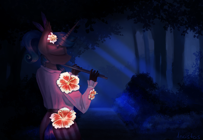 Size: 2600x1800 | Tagged: safe, alternate version, artist:anastas, derpibooru import, oc, oc:angerona, unofficial characters only, anthro, unicorn, anthro oc, clothes, commission, feather, flower, flower in hair, flute, forest, glow, glowing flowers, image, moonlight, musical instrument, night, oda 997, png, tree