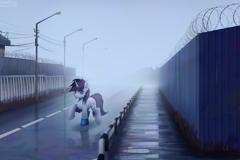 Size: 2560x1707 | Tagged: safe, artist:adagiostring, derpibooru import, oc, oc:blackjack, unofficial characters only, pony, unicorn, fallout equestria, fallout equestria: project horizons, crossover, cute, fanart, fanfic art, female, fog, image, large horn, mare, my little pony, png, solo, solo female, study, walking