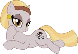 Size: 2230x1538 | Tagged: safe, artist:badumsquish, derpibooru import, oc, unofficial characters only, living hieroglyph, monster pony, original species, pony, bedroom eyes, derpibooru exclusive, draw me like one of your french girls, ear piercing, earring, egyptian, egyptian pony, eye of horus, female, headband, heart, hieroglyphics, holiday, image, jewelry, looking at you, lying down, painting, piercing, png, pose, prone, simple background, smiling, solo, tail, tail wrap, transparent background, trap (device)