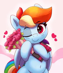 Size: 1036x1200 | Tagged: safe, artist:pabbley, derpibooru import, rainbow dash, pegasus, pony, abstract background, belly, belly button, bouquet, cute, dashabetes, female, flower, heart, image, jpeg, looking at you, mare, one eye closed, smiling, smiling at you, solo, wide hips