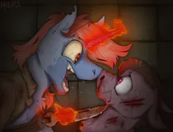 Size: 2500x1897 | Tagged: semi-grimdark, artist:molars, derpibooru import, oc, oc:tenpin, unofficial characters only, earth pony, pony, unicorn, fallout equestria, ashes town, blood, blood on face, blood on fur, blood stains, bloody shirt, chest fluff, digital art, drool, duo, fear, floppy ears, image, imminent death, injured, insane smile, knife, knifepoint, laughing, magic, murder, png, raider, raiders, redraw, scratches, spit, telekinesis, torn ear, violence, wasteland, weapon
