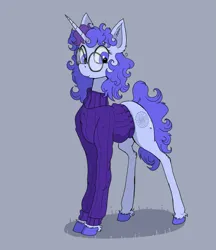 Size: 1193x1378 | Tagged: safe, artist:paskanaakka, derpibooru import, oc, oc:midnight dew, unofficial characters only, pony, unicorn, clothes, colored hooves, derpibooru exclusive, ear fluff, female, glasses, image, mare, png, simple background, solo, sweater, unshorn fetlocks