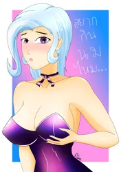 Size: 2179x3097 | Tagged: suggestive, artist:film77asq, derpibooru import, trixie, human, bare shoulders, blushing, breasts, busty trixie, cleavage, clothes, female, humanized, image, leotard, light skin, png, sleeveless, solo, strapless