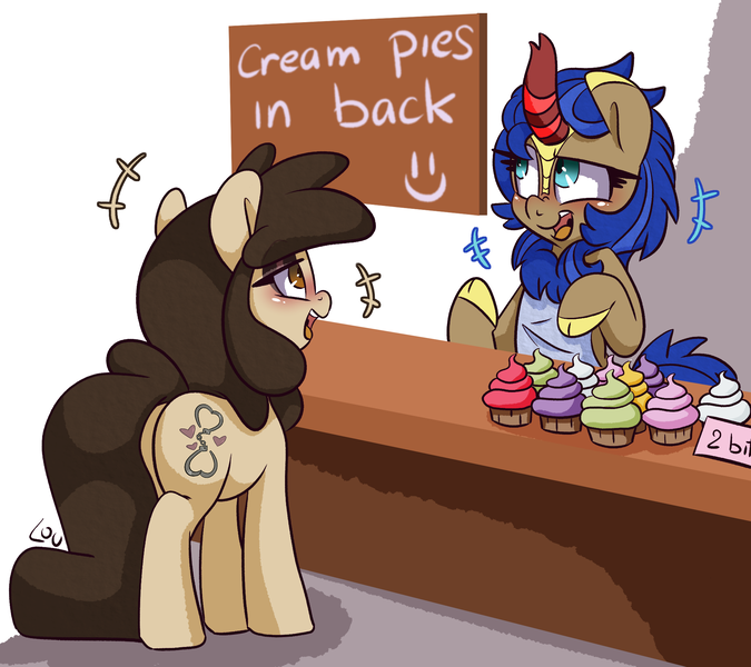 Size: 2056x1828 | Tagged: suggestive, artist:lou, derpibooru import, oc, oc:cobalt flame, oc:louvely, kirin, apron, bakery, clothes, cupcake, food, image, kirin oc, png, talking