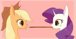Size: 2048x1056 | Tagged: safe, artist:cheesesauce_45, derpibooru import, applejack, rarity, earth pony, pony, unicorn, bust, eating, female, food, image, jpeg, lesbian, looking at each other, looking at someone, mare, pink background, pocky, puffy cheeks, rarijack, shipping, simple background