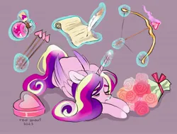 Size: 4766x3611 | Tagged: safe, artist:redsnout, derpibooru import, princess cadance, alicorn, pony, arrow, bouquet, bow (weapon), bow and arrow, box of chocolates, cupidance, female, flower, g4, glow, glowing horn, heart arrow, holiday, horn, image, jpeg, levitation, love potion, magic, magic aura, mare, missing accessory, purple background, quill, rose, scroll, simple background, sleeping, snot bubble, solo, telekinesis, tired, valentine's day, weapon