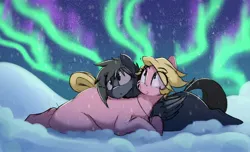 Size: 3100x1888 | Tagged: safe, artist:welost, derpibooru import, oc, oc:fenris ebonyglow, oc:kara waypoint, earth pony, pegasus, pony, aurora borealis, colored sketch, cuddling, female, image, jpeg, male, mare, snow, stallion