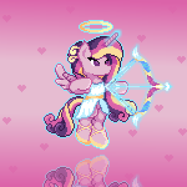 Size: 1350x1350 | Tagged: safe, artist:marioga87512515, derpibooru import, princess cadance, alicorn, pony, arrow, bow (weapon), bow and arrow, clothes, cupid, dress, female, halo, heart, image, magic, magic aura, mare, pixel art, png, solo, weapon