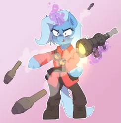 Size: 1781x1817 | Tagged: safe, artist:rellopone, derpibooru import, trixie, /mlp/ tf2 general, beggar's bazooka, bipedal, image, magic, png, rocket, rocket launcher, soldier, team fortress 2, telekinesis, weapon