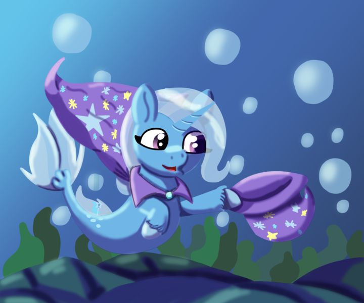 Size: 1800x1500 | Tagged: safe, artist:the crystal artist, derpibooru import, trixie, pony, seapony (g4), unicorn, bubble, cape, clothes, colored hooves, crepuscular rays, cute, derpibooru exclusive, diatrixes, digital art, dorsal fin, female, fish tail, flowing tail, happy, hat, horn, image, lineless, mare, ocean, open mouth, png, purple eyes, raised hoof, rock, seaponified, seapony trixie, seaweed, shading, smiling, solo, species swap, sunlight, swimming, tail, trixie's cape, trixie's hat, underwater, unshorn fetlocks, water, wet
