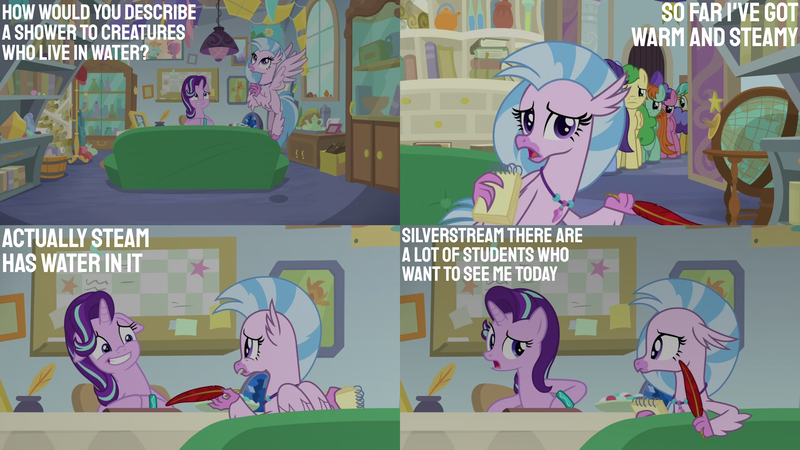 Size: 2000x1125 | Tagged: safe, derpibooru import, edit, edited screencap, editor:quoterific, screencap, berry blend, berry bliss, citrine spark, fire quacker, huckleberry, november rain, peppermint goldylinks, silverstream, starlight glimmer, student counsel, friendship student, image, png