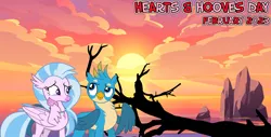 Size: 2064x1049 | Tagged: safe, artist:cloudyglow, artist:dashiesparkle, artist:not-yet-a-brony, derpibooru import, gallus, silverstream, gryphon, hippogriff, 2023, beach, cloud, driftwood, february, friends, friendship, hearts and hooves day, holiday, image, implied shipping, lyrics in the description, ocean, png, rock, song in the description, song reference, sun, tree branch, valentine's day, water, youtube link in the description