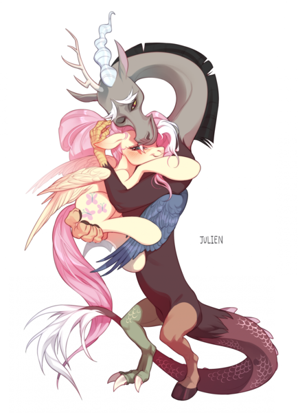 Size: 1633x2257 | Tagged: safe, artist:sweet julien, derpibooru import, discord, fluttershy, draconequus, pegasus, pony, discoshy, female, floppy ears, holding, holding a pony, hug, image, male, one eye closed, one eye open, png, shipping, straight