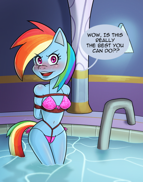 Size: 1576x2000 | Tagged: questionable, artist:zeecibee, derpibooru import, rainbow dash, anthro, arm behind back, belly button, bikini, blushing, bondage, breasts, busty rainbow dash, clothes, commission, crotch rope, dashsub, dialogue, female, femsub, hot tub, image, looking at you, partially submerged, png, ponyville spa, rope, rope bondage, smiling, solo, solo female, speech bubble, standing in water, submissive, swimsuit, water