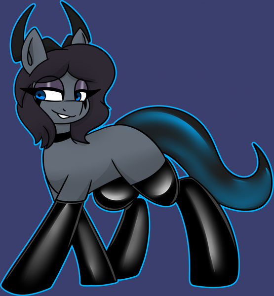 Size: 1847x1995 | Tagged: safe, artist:askhypnoswirl, derpibooru import, oc, oc:lightning meer, demon, demon pony, original species, pony, choker, clothes, demon horns, evening gloves, eyelashes, eyeliner, eyeshadow, female, gloves, horns, image, latex, latex gloves, latex stockings, lidded eyes, long gloves, makeup, mare, png, smiling, socks, solo, stockings, thigh highs