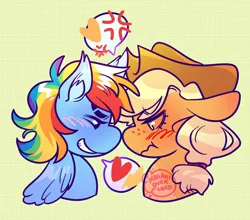 Size: 1500x1320 | Tagged: safe, artist:makanioverlord, derpibooru import, applejack, rainbow dash, earth pony, pegasus, pony, appledash, applejack's hat, blushing, cowboy hat, female, hat, image, lesbian, png, shipping