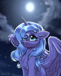 Size: 2000x2500 | Tagged: safe, artist:silverfir, derpibooru import, princess luna, alicorn, pony, female, filly, floppy ears, foal, image, moon, night, png, s1 luna, sad, sitting, solo, spread wings, wings, woona, younger