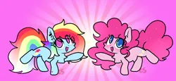 Size: 1024x469 | Tagged: safe, artist:cutiesparke, derpibooru import, pinkie pie, rainbow dash, earth pony, cupcakes hd, fanfic:cupcakes, alternate cutie mark, alternate hairstyle, chest fluff, cute, dancing, dashabetes, diapinkes, ear fluff, gradient mane, hoof heart, image, looking at you, magenta background, png, sparkly mane, standing on two hooves, underhoof