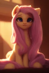 Size: 2048x3072 | Tagged: safe, derpibooru import, machine learning generated, purplesmart.ai, stable diffusion, fluttershy, pegasus, pony, :3, cute, ear fluff, eyebrows, eyelashes, female, full body, generator:purplesmart.ai, image, leg fluff, lightning, looking at you, mare, png, prompter:nightluna, shyabetes, sitting, smiling, solo, wingless
