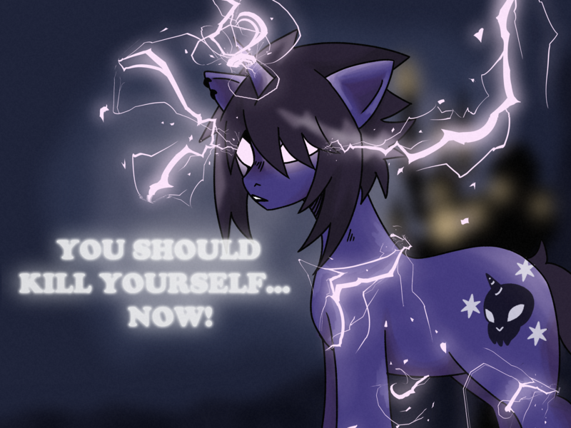 Size: 4000x3000 | Tagged: safe, artist:avalonkiri, artist:sleepymist, derpibooru import, oc, oc:mist avalon, pony, unicorn, horn, image, implied suicide, joke, kill yourself, lightning, lowtiergod, meme, png, ponified meme, redraw, stormcloud, swearing, unicorn oc, vulgar