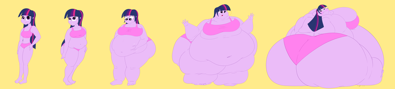 Size: 6192x1398 | Tagged: suggestive, artist:necrofeline, derpibooru import, twilight sparkle, human, equestria girls, back roll, belly, big belly, big breasts, big feet, bikini, bingo wings, breasts, chubby, chubby cheeks, clothes, double chin, fat, fat ass, fat boobs, fat feet, fat legs, humanized, image, large butt, neck roll, obese, png, rolls of fat, simple background, sitting, solo, standing, swimsuit, thighs, thunder thighs, weight gain, weight gain sequence, yellow background