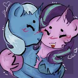 Size: 2048x2048 | Tagged: safe, artist:stanleyiffer, derpibooru import, starlight glimmer, trixie, pony, unicorn, blushing, chest fluff, eyes closed, female, heart, hug, image, jpeg, lesbian, nuzzling, open mouth, open smile, shipping, smiling, startrix