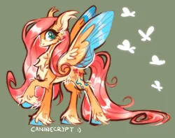 Size: 1280x1012 | Tagged: safe, artist:caninecrypt, derpibooru import, fluttershy, butterfly, flutter pony, insect, pegasus, pony, belly fluff, butt fluff, butterfly wings, chest fluff, ear fluff, fluffy, green background, hoof fluff, image, leg fluff, looking at you, png, raised hoof, simple background, solo, spread wings, standing, starry eyes, unshorn fetlocks, wing fluff, wingding eyes, wings