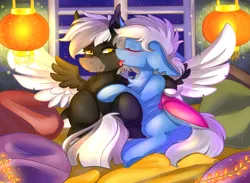 Size: 2801x2046 | Tagged: safe, alternate version, artist:yuris, derpibooru import, oc, oc:midnight serenity, bat pony, changeling, pegasus, pony, bed, changeling oc, chinese lantern, commission, ears up, fangs, female, floppy ears, frog (hoof), garland, image, lantern, lies, male, night, open mouth, paper lantern, pillow, png, room, smiling, spread wings, tongue out, underhoof, window, wings