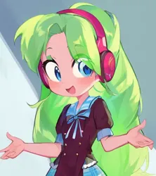 Size: 512x576 | Tagged: safe, derpibooru import, edit, edited screencap, machine learning generated, screencap, lemon zest, human, dance magic, equestria girls, spoiler:eqg specials, :d, anime, background, female, image, open mouth, open smile, pinegraph, png, smiling