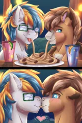 Size: 3000x4500 | Tagged: safe, artist:fkk, derpibooru import, oc, unofficial characters only, hybrid, pegasus, pony, blushing, chest fluff, commission, ear fluff, fangs, gay, glasses, holiday, hybrid oc, image, jpeg, kissing, love, male, shy, stallion, valentine's day, ych result