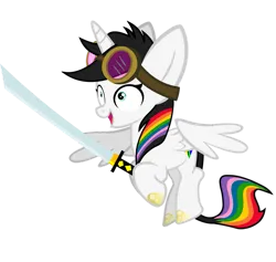 Size: 917x871 | Tagged: safe, artist:goldenfoxda, derpibooru import, oc, oc:lightning bliss, aviator goggles, cute, goggles, image, katana, ocbetes, png, simple background, sword, transparent background, weapon