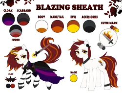 Size: 4312x3280 | Tagged: safe, artist:avrameow, derpibooru import, oc, unofficial characters only, pony, unicorn, chest fluff, clasp, clothes, ear fluff, ear piercing, earring, eyebrows, eyeshadow, female, highlights, horn, image, jewelry, leg fluff, leg rings, looking at you, magic, magic aura, makeup, mare, piercing, png, reference sheet, robe, scabbard, shoes, simple background, sword, text, transparent background, unicorn oc, weapon