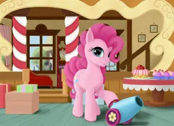 Size: 2475x1800 | Tagged: safe, artist:xodok, derpibooru import, pinkie pie, earth pony, pony, series:ponyashnost, box, cake, cupcake, food, image, indoors, jpeg, looking at you, party cannon, present, smiling