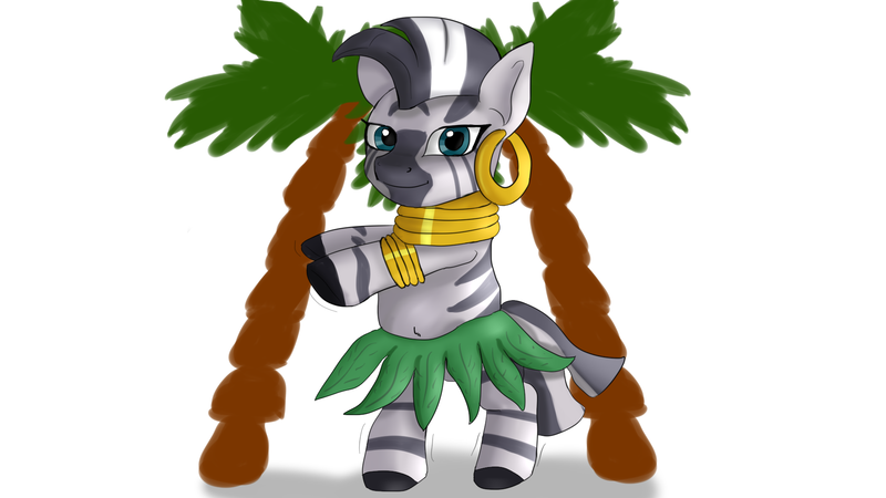 Size: 1920x1080 | Tagged: safe, artist:jbond, derpibooru import, zecora, pony, zebra, belly button, clothes, dancing, female, grass skirt, hawaii, hawaiian shirt, hula, hula dance, image, mare, palm tree, png, shirt, simple background, skirt, solo, tree, white background