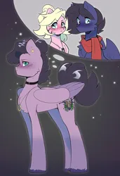 Size: 2319x3388 | Tagged: safe, artist:pledus, derpibooru import, oc, oc:fenris ebonyglow, oc:kara waypoint, unofficial characters only, earth pony, pegasus, pony, blushing, clothes, ear piercing, earring, female, fusion, image, jewelry, male, mare, necklace, piercing, png, scarf, scrunchy face, simple background, stallion, thought bubble