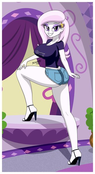 Size: 2255x4096 | Tagged: safe, alternate version, artist:sonork91, derpibooru import, fleur-de-lis, equestria girls, ass, big breasts, breasts, busty fleur-de-lis, butt, clothes, daisy dukes, derpibooru exclusive, feet, female, fleur-de-rriere, fleur-de-seins, grin, high heels, high res, image, jpeg, legs, lidded eyes, looking at you, miss fleur is trying to seduce us, sandals, shirt, shoes, shorts, smiling, smiling at you, solo, t-shirt, thighs