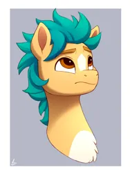 Size: 1500x2000 | Tagged: safe, artist:luminousdazzle, derpibooru import, hitch trailblazer, earth pony, pony, bed mane, blaze (coat marking), bust, chest fluff, coat markings, facial markings, g5, image, male, messy mane, png, solo, stallion, unamused