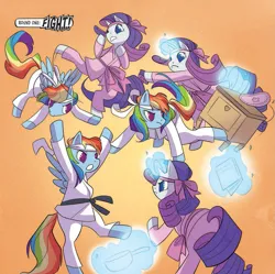 Size: 999x995 | Tagged: safe, derpibooru import, idw, rainbow dash, rarity, pegasus, pony, unicorn, spoiler:comic, butt, female, image, levitation, little fillies, magic, mare, my little pony classics reimagined: little fillies, plot, png, reference, street fighter, telekinesis