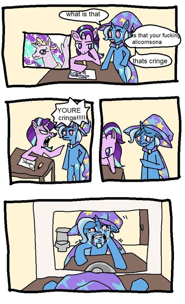 Size: 671x1101 | Tagged: safe, artist:c4n4ry0nl1n3, derpibooru import, starlight glimmer, trixie, oc, alicorn, pony, unicorn, bipedal, comic, crying, image, jpeg, meme, reflection, spongebob squarepants, vulgar, you're cringe