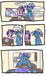 Size: 671x1101 | Tagged: safe, artist:c4n4ry0nl1n3, derpibooru import, starlight glimmer, trixie, oc, alicorn, pony, unicorn, bipedal, comic, crying, image, jpeg, meme, reflection, spongebob squarepants, vulgar, you're cringe