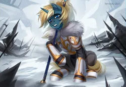 Size: 2048x1411 | Tagged: safe, artist:fenwaru, derpibooru import, oc, oc:maple parapet, armor, image, jpeg, snow, weapon