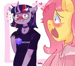 Size: 2048x1820 | Tagged: safe, artist:dmitrymemovznok, derpibooru import, fluttershy, twilight sparkle, anthro, pegasus, unicorn, blushing, choker, clothes, female, glasses, heart, image, jpeg, lesbian, shipping, smiling, twishy, unshorn fetlocks