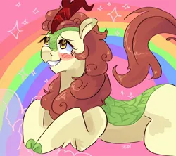 Size: 2048x1820 | Tagged: safe, artist:dmitrymemovznok, derpibooru import, autumn blaze, kirin, blushing, image, jpeg, lying down, rainbow, smiling, solo