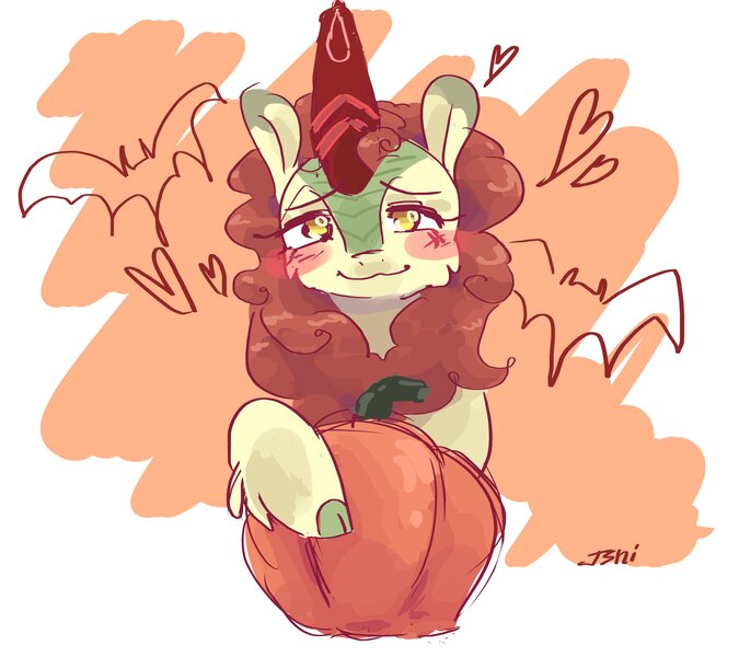 Size: 2048x1820 | Tagged: safe, artist:dmitrymemovznok, derpibooru import, autumn blaze, kirin, blushing, heart, image, jpeg, looking at you, pumpkin, smiling, solo