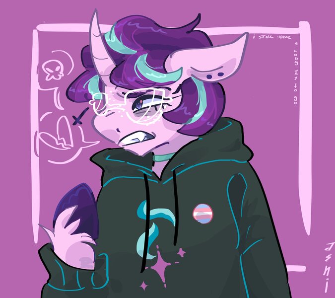 Size: 2048x1820 | Tagged: safe, artist:dmitrymemovznok, derpibooru import, starlight glimmer, anthro, pony, unicorn, clothes, ear piercing, frown, glasses, heart, hoodie, image, jpeg, piercing, pride, pride flag, solo, transgender pride flag, unshorn fetlocks