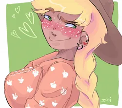 Size: 2048x1820 | Tagged: safe, artist:dmitrymemovznok, derpibooru import, applejack, human, equestria girls, blushing, clothes, ear piercing, freckles, heart, image, jpeg, piercing, smiling, solo